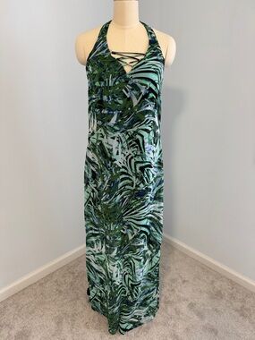 Jennifer Lopez Green Tropical Print Halter Maxi Dress SZ2
